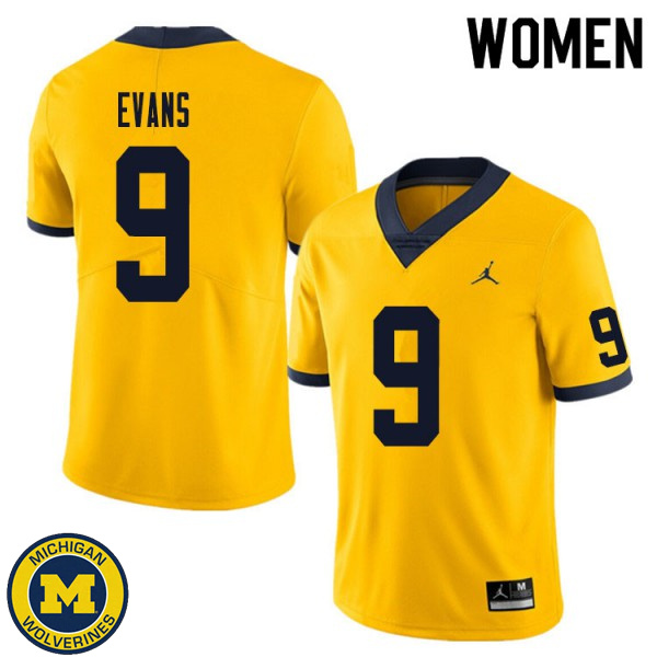 Women University of Michigan #9 Chris Evans Yellow Alumni Jersey